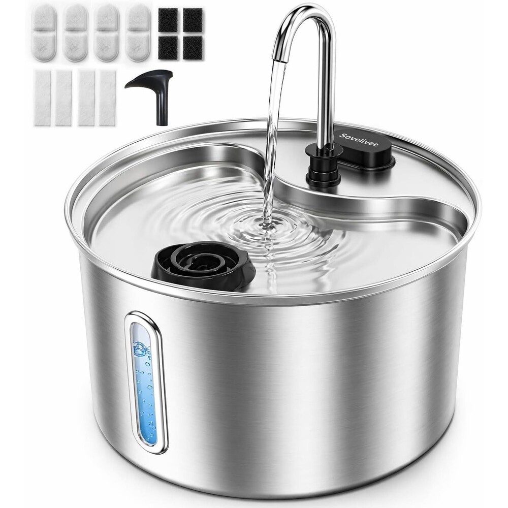 Sovelivee Stainless Steel Pet Water Fountain 118oz 3.5L Quiet Pump Filtration
